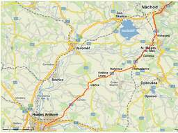 Mapka s trasou cesty: Hradec Králové-Černilov-Králova Lhota-N.Město n.M.-Náchod