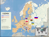 Slovanské národní jazyky evropských států - mapa. Používaná písma (latinka, cyrilice), slovanské větve. Česky.