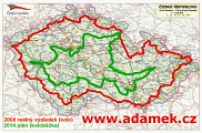 Mapka: Plánovaná trasa této cesty vnitrozemím na koloběžce (zeleně) + Reálná trasa cesty na kole okolo ČR 2008 (červeně)