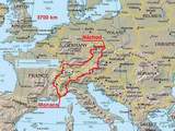 Mapka s vyznačenou trasou: ČR, Rakousko, Itálie, Švýcarsko, Itálie, Francie, Monako, Francie, Švýcarsko, Německo, ČR
